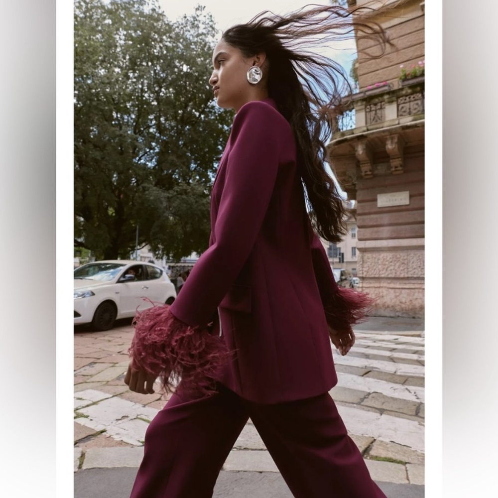 Zara Burgundy Blazer with Feather Cuffs NWOT - Picture 4 of 5